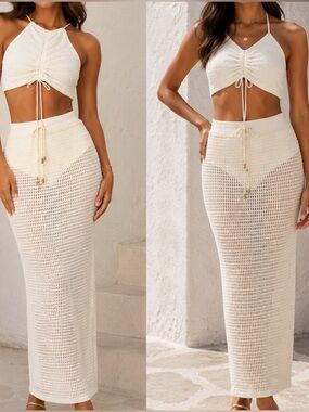 . Windsor Natural Crochet Halter Crop Top And High Waist Maxi Skirt Set